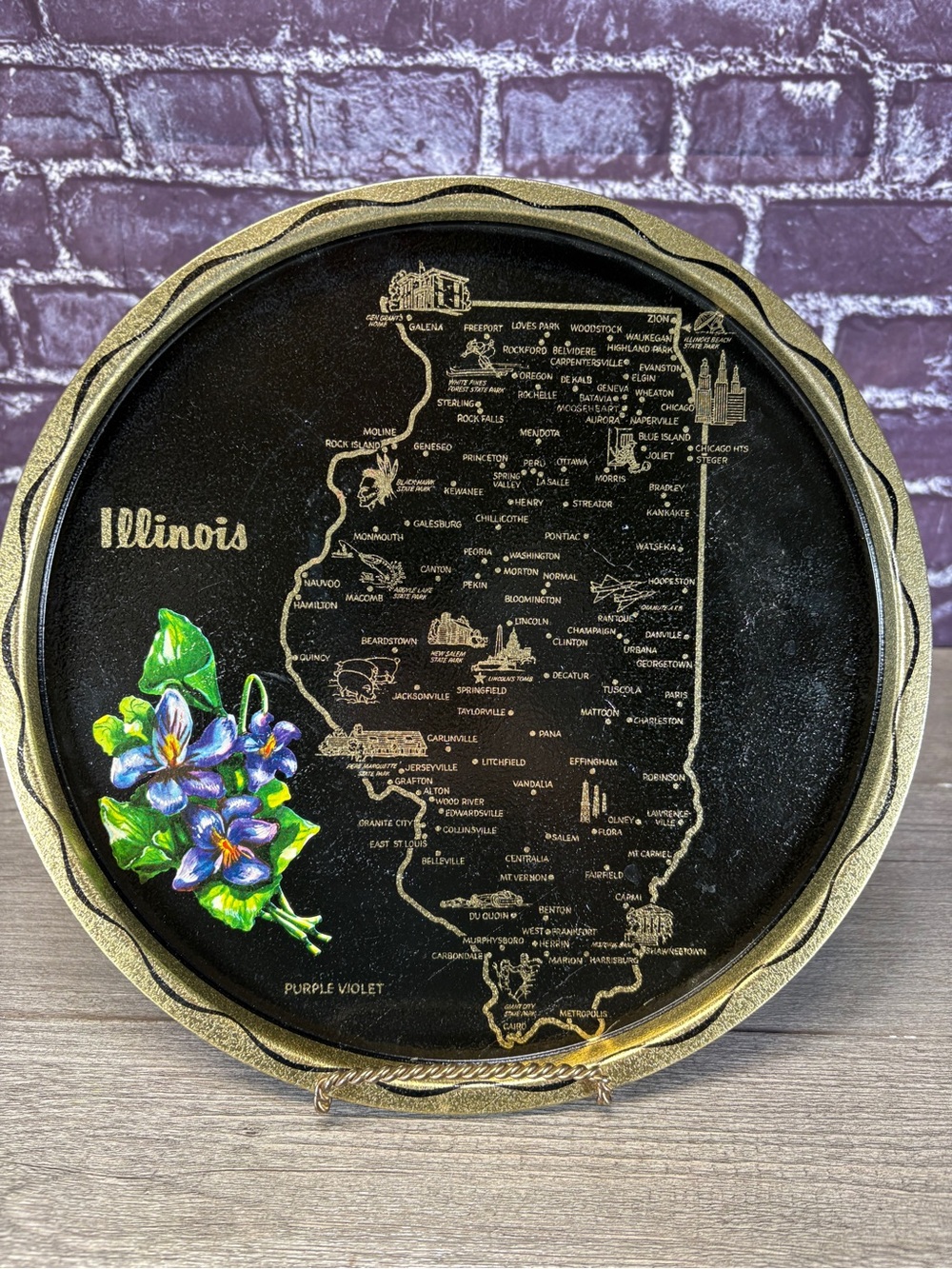 Vintage Metal Illinois Souvenir Decorative Tray with Purple Violets